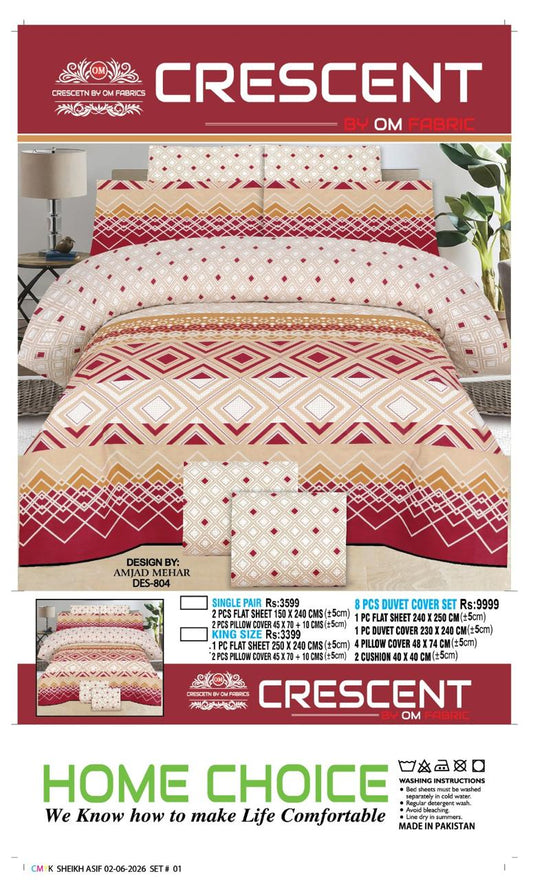 Crescent by OM Fabrics DES-804 King Size Bed Sheet Set – Premium Cotton Printed Bedding with Pillow Covers | Home Choice Pakistan