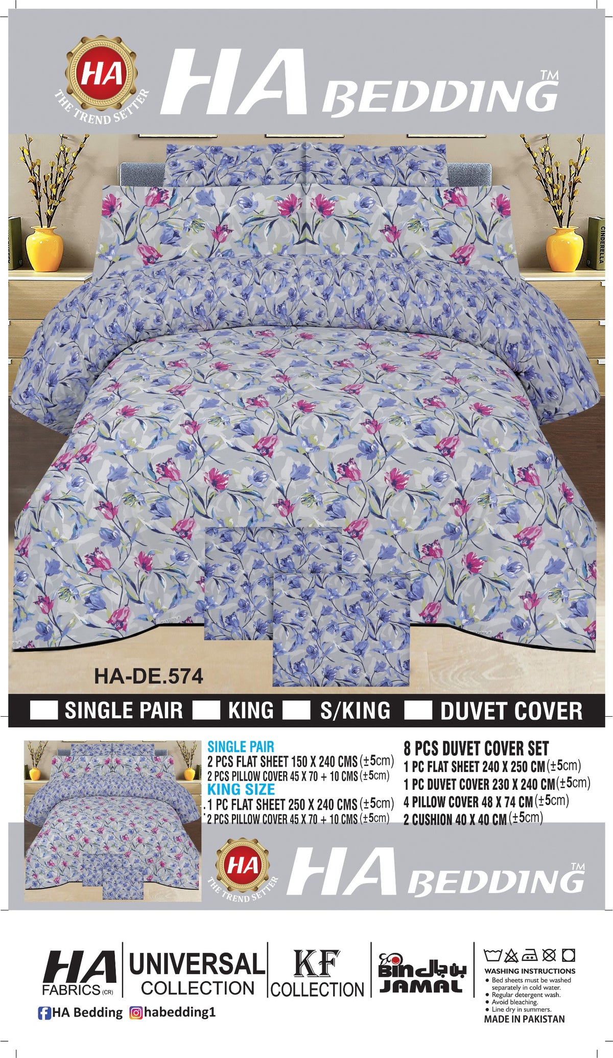 HA Bedding Bedsheet Set – Modern Printed Bedding with Pillow Covers | Single, King & 8-Piece Duvet Cover Set