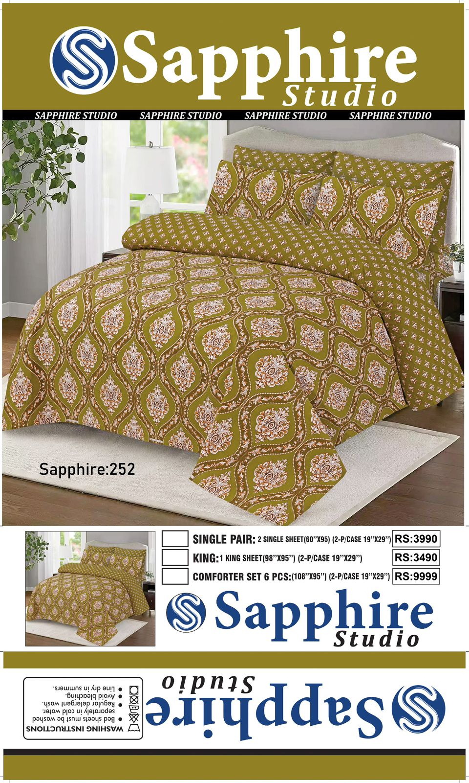 Sapphire Studio Premium Printed Bedsheet Set β Soft & Breathable Cotton Blend Bedding with Matching Pillow Covers | King Size, Single Pair & 6-Piece Comforter Set