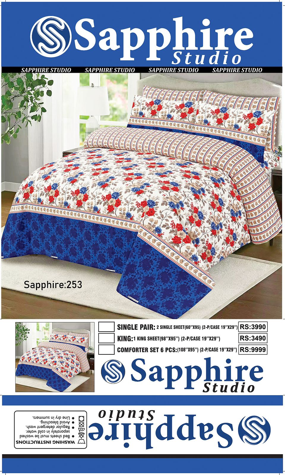 Sapphire Studio Premium Printed Bedsheet Set – Soft & Breathable Cotton Blend Bedding with Matching Pillow Covers | King Size, Single Pair & 6-Piece Comforter Set