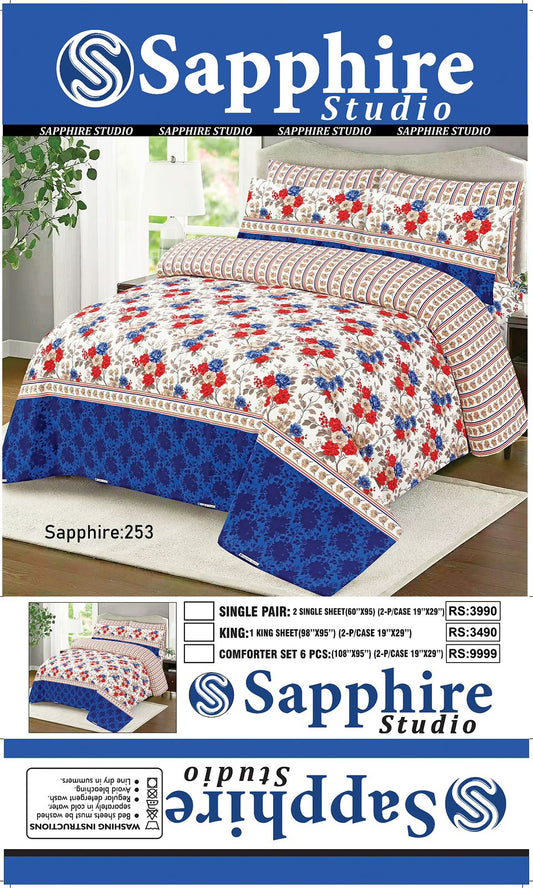 Sapphire Studio Premium Printed Bedsheet Set – Soft & Breathable Cotton Blend Bedding with Matching Pillow Covers | King Size, Single Pair & 6-Piece Comforter Set