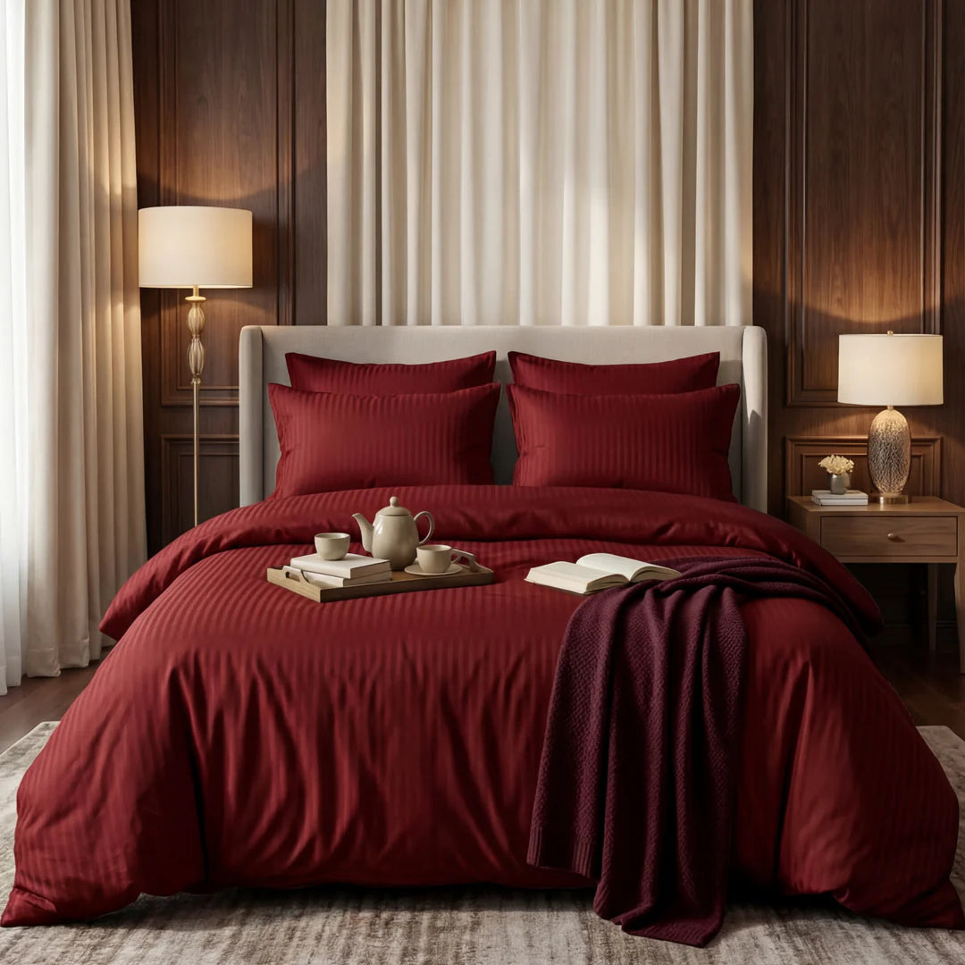Luxury Burgundy Stripe Satin Bedding Set – Soft & Silky Duvet Cover with Pillowcases | Elegant Hotel Collection