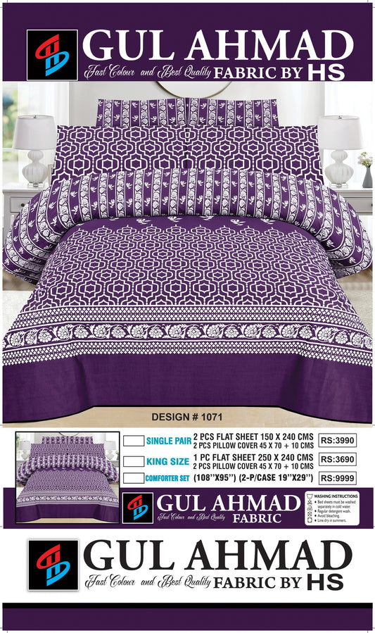 Gul Ahmad Geometric Bedsheet Set – Premium Cotton Flat Sheet with 2 Pillow Covers | King Size & Single Pair | Design 1071