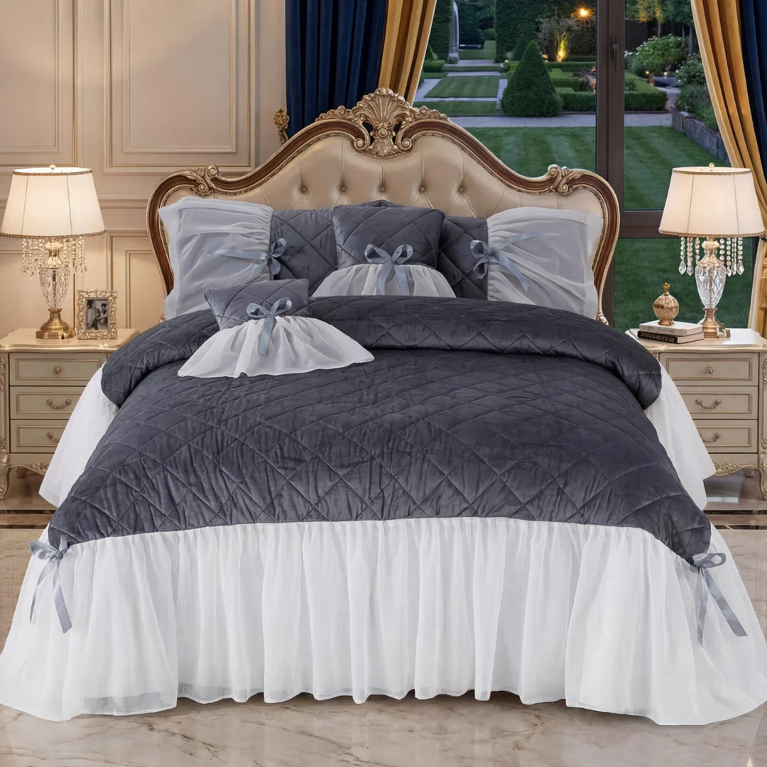 Premium Luxury  Velvet Ruffle Comforter Set – Elegant Quilted Bedding with Decorative Cushion Covers