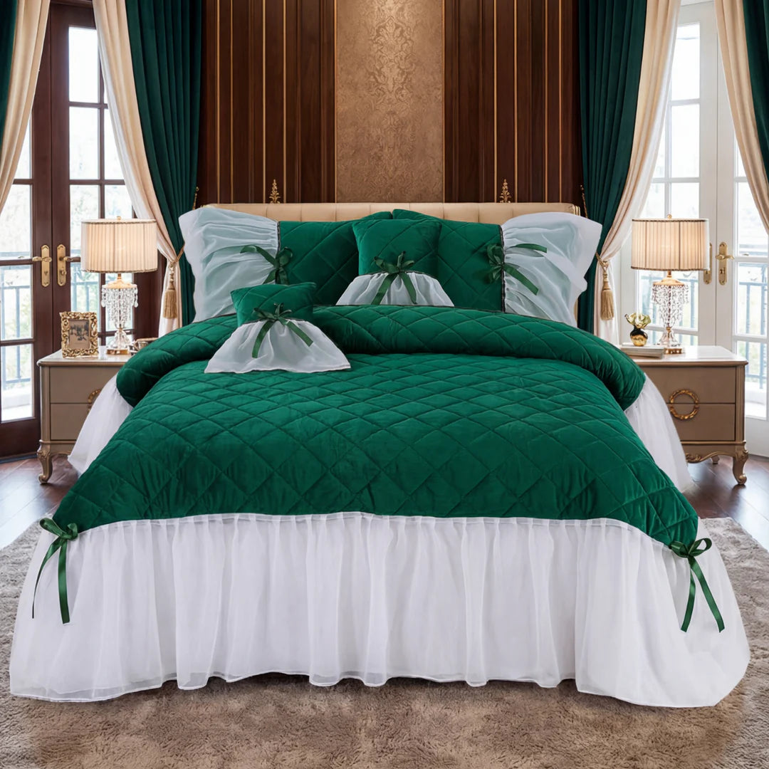 Premium Luxury  Velvet Ruffle Comforter Set – Elegant Quilted Bedding with Decorative Cushion Covers