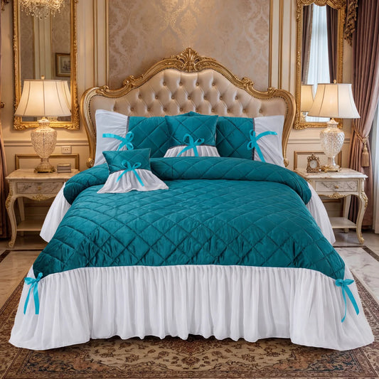 Premium Luxury  Velvet Ruffle Comforter Set – Elegant Quilted Bedding with Decorative Cushion Covers