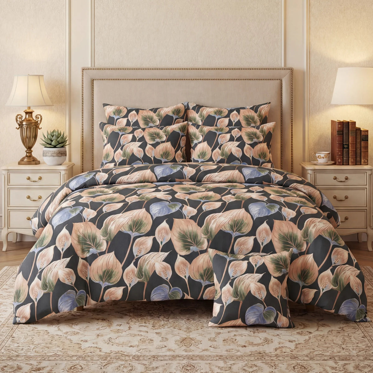 Premium Botanical Floral Comforter Set – Luxury Black Floral Bedding with Matching Pillow & Cushion Covers