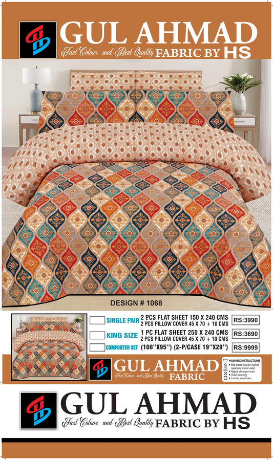 Gul Ahmad Geometric Bedsheet Set – Premium Cotton Flat Sheet with 2 Pillow Covers | King Size & Single Pair | Design 1071