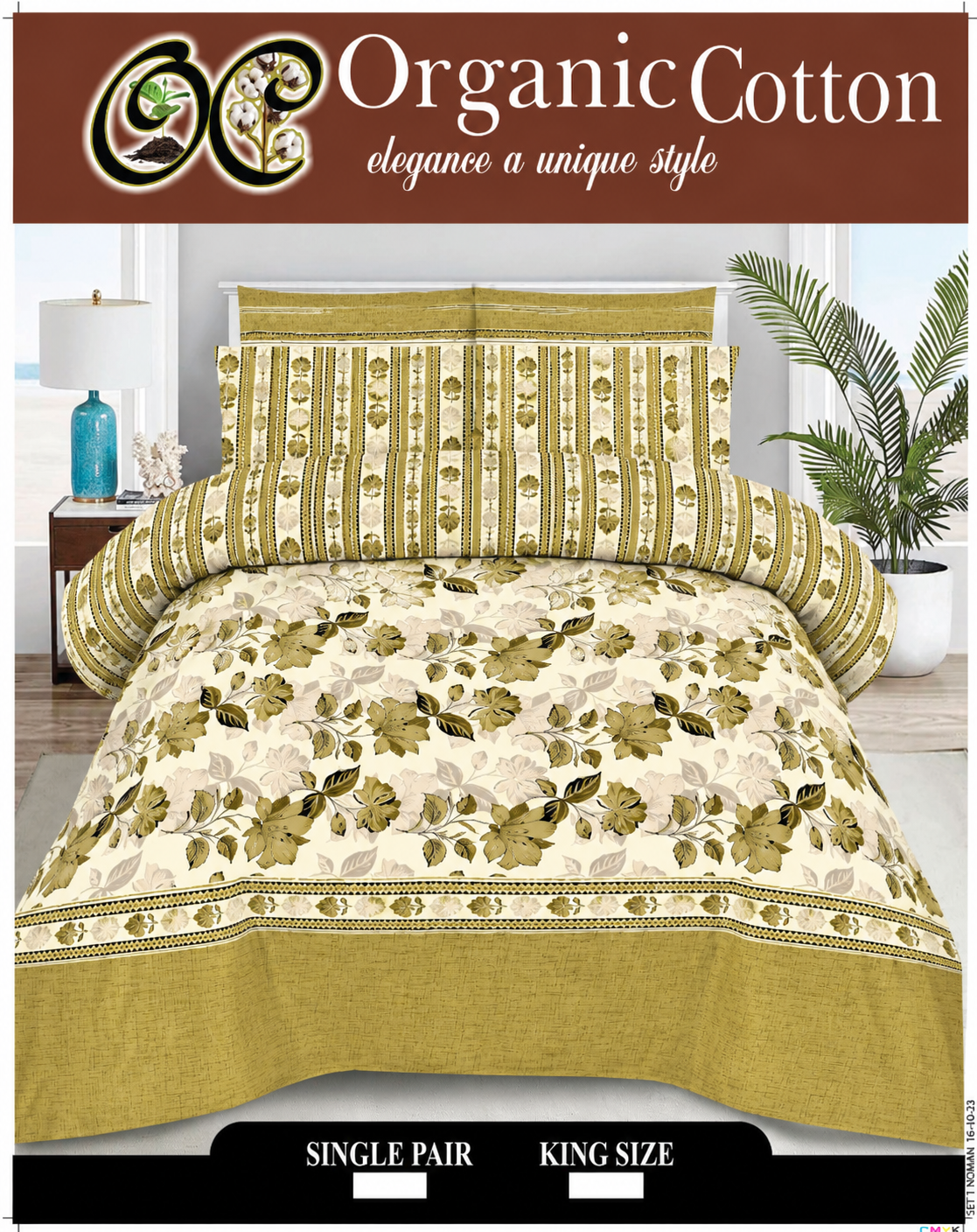 Premium Organic Cotton Floral Bedsheet Set – Elegant Mustard & Cream Printed Bedding with Matching Pillow Covers | Single & King Size
