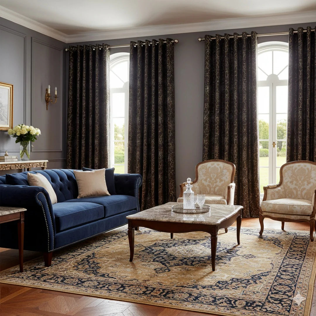 Luxury Vintage Persian Style Area Rug – Beige & Navy Blue Traditional Living Room Carpet