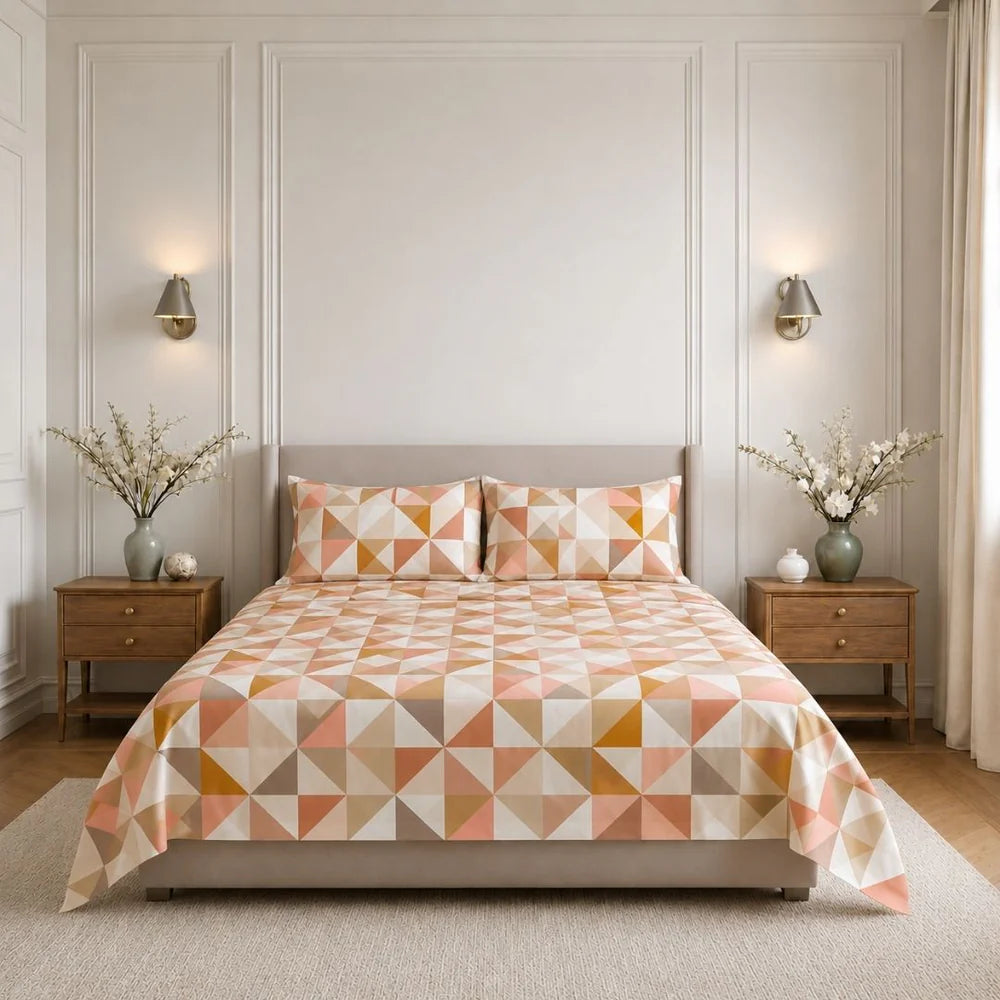 Modern Geometric Bedsheet Set – Soft Cotton Blend Bed Sheet with 2 Pillow Covers | Peach & Beige Triangle Print | King, Double & Single Size