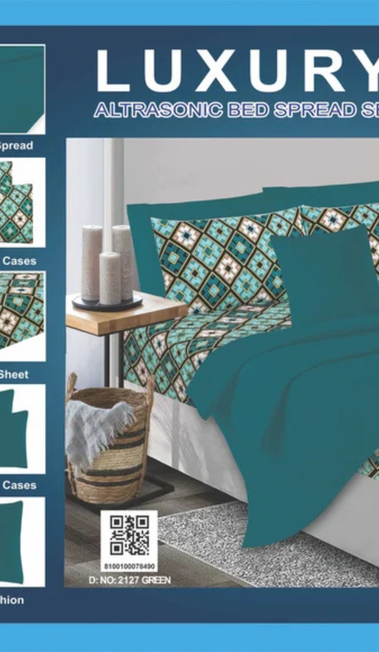7 Piece Luxury Ultrasonic Bedspread Set – Teal Green Quilted Bedding Set with Printed Bedsheet & Pillow Covers