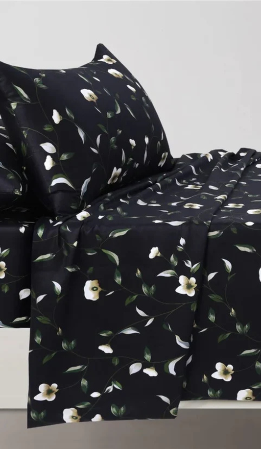 Black Floral Bedsheet Set – Premium Cotton Blend Bed Sheet with 2 Pillow Covers | Elegant White Flower Print | King, Double & Single Size