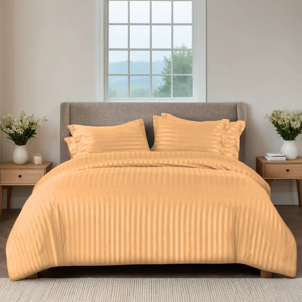 Luxury Gold Satin Stripe Duvet Cover Set – Soft Hotel Style Bedding with Pillowcases