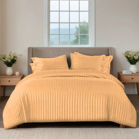 Luxury Gold Satin Stripe Duvet Cover Set – Soft Hotel Style Bedding with Pillowcases