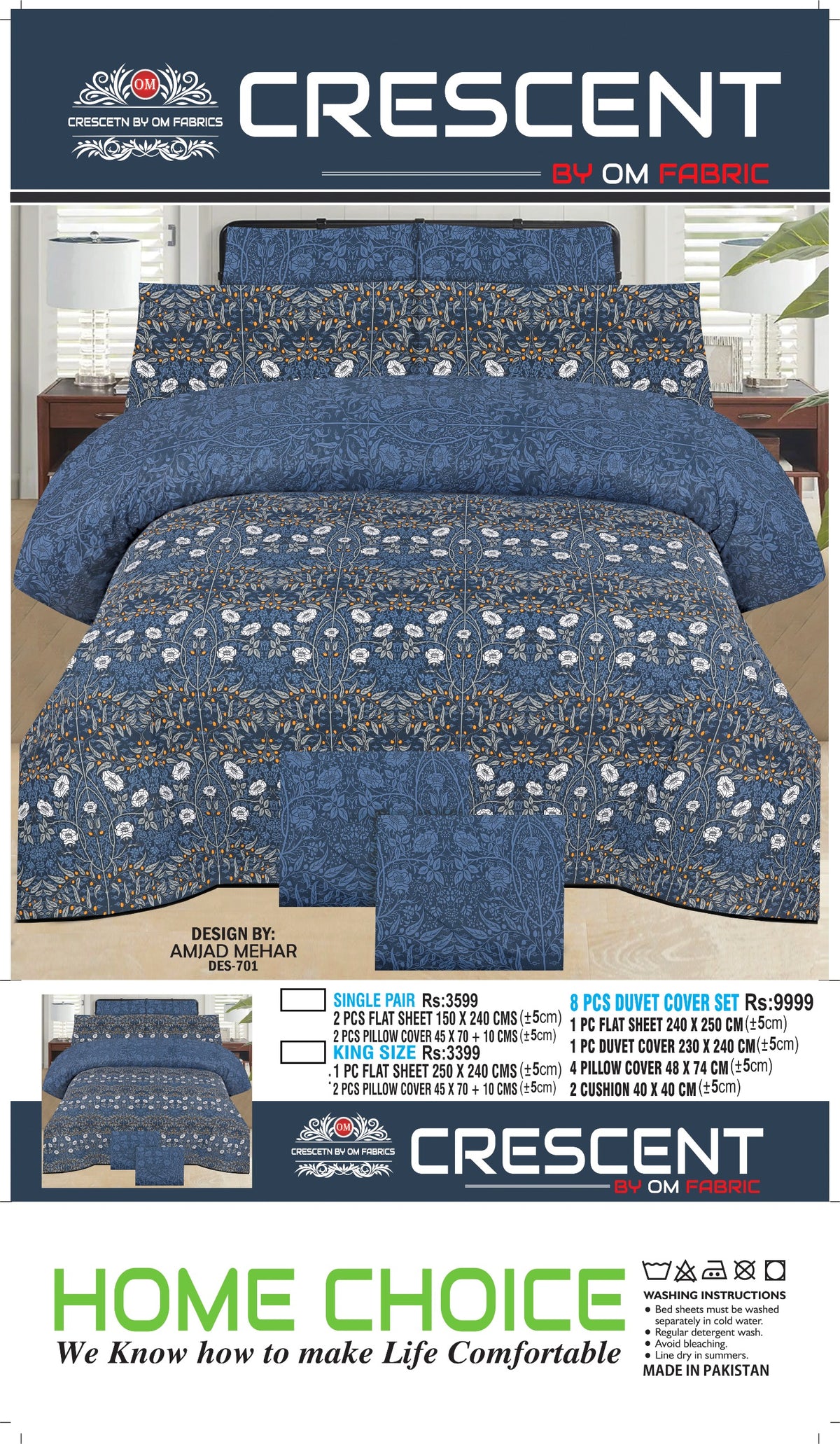Crescent by OM Fabric  Bedding Set – Premium Cotton Bedsheet Set with Pillow Covers | Single, King & 8-Piece Duvet Cover Set