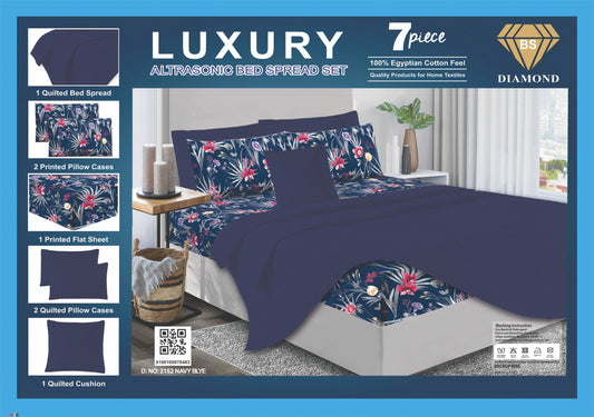 7 Piece Luxury Ultrasonic Bedspread Set – Teal Green Quilted Bedding Set with Printed Bedsheet & Pillow Covers