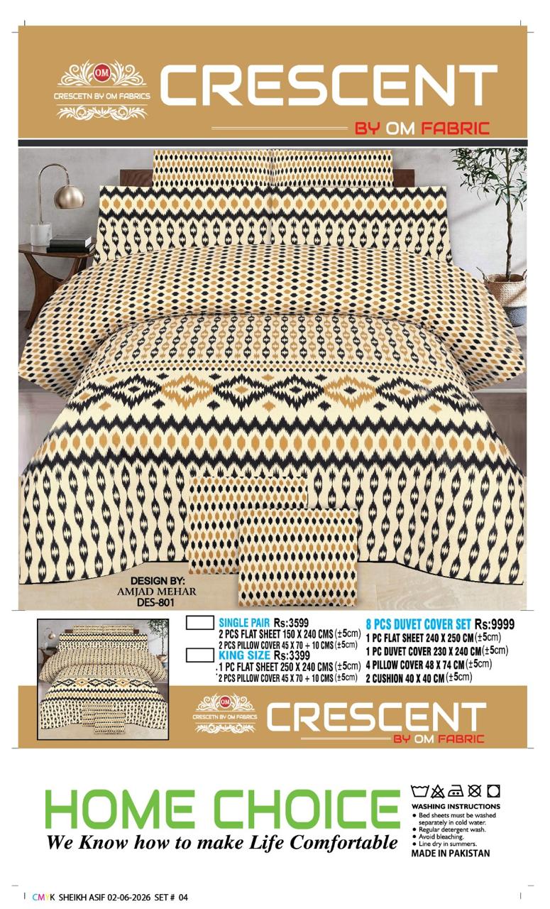 Crescent by OM Fabrics DES-804 King Size Bed Sheet Set – Premium Cotton Printed Bedding with Pillow Covers | Home Choice Pakistan