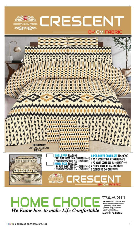 Crescent by OM Fabrics DES-804 King Size Bed Sheet Set – Premium Cotton Printed Bedding with Pillow Covers | Home Choice Pakistan