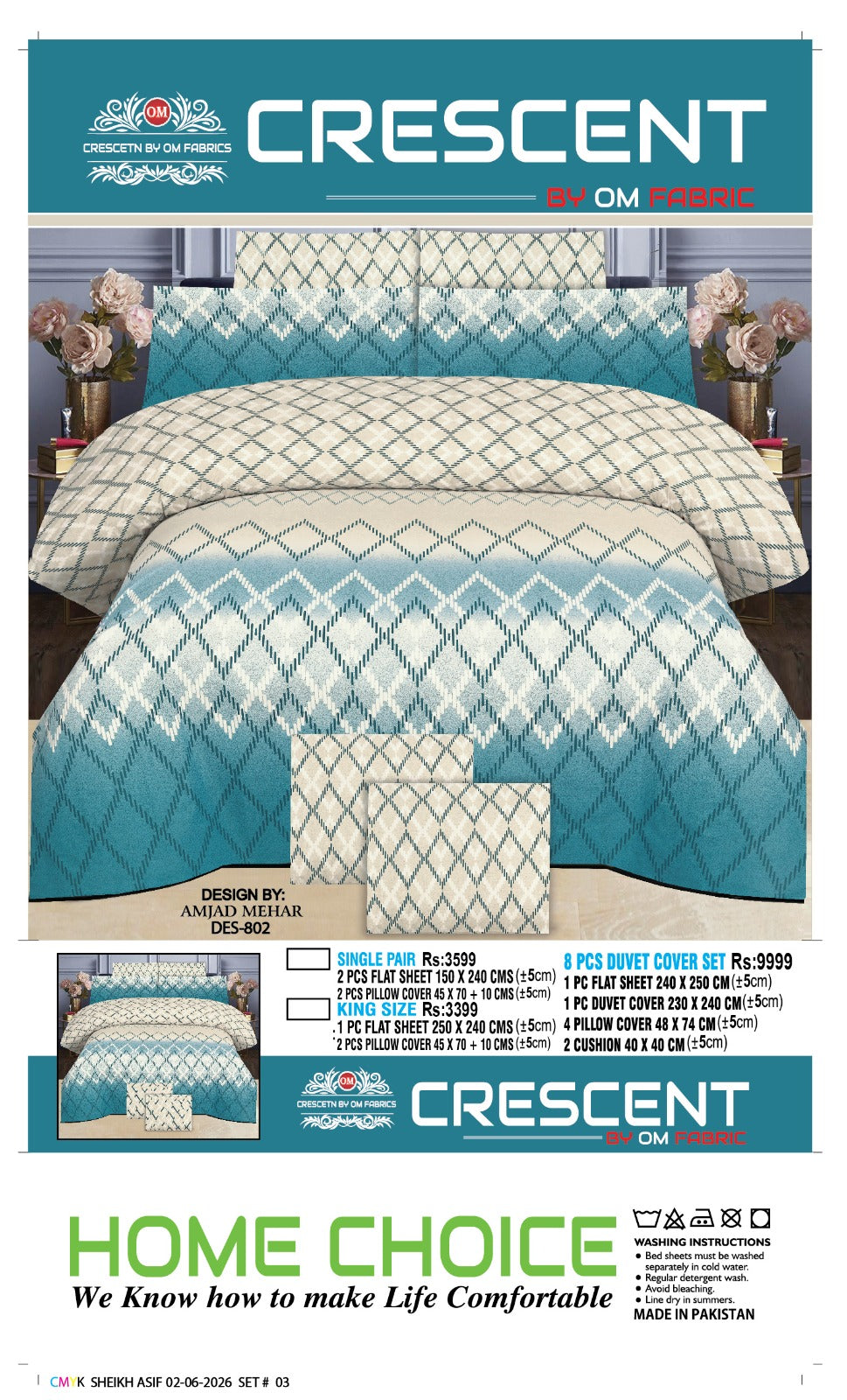 Crescent by OM Fabrics DES-804 King Size Bed Sheet Set – Premium Cotton Printed Bedding with Pillow Covers | Home Choice Pakistan