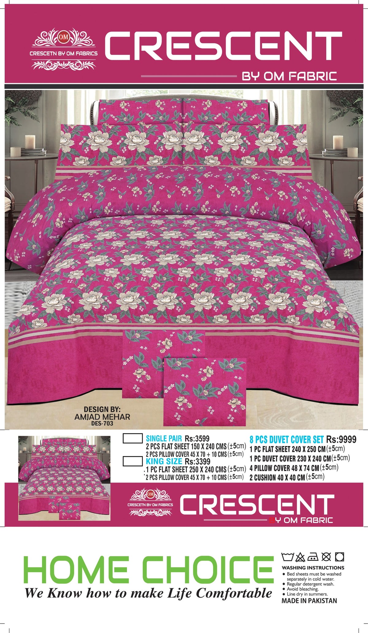 Crescent by OM Fabric  Bedding Set – Premium Cotton Bedsheet Set with Pillow Covers | Single, King & 8-Piece Duvet Cover Set