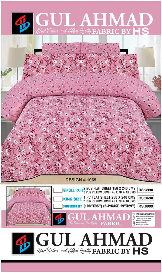Gul Ahmad Floral  Bedsheet Set – Soft Cotton Flat Sheet with 2 Pillow Covers | King Size & Single Pair | Design 1069