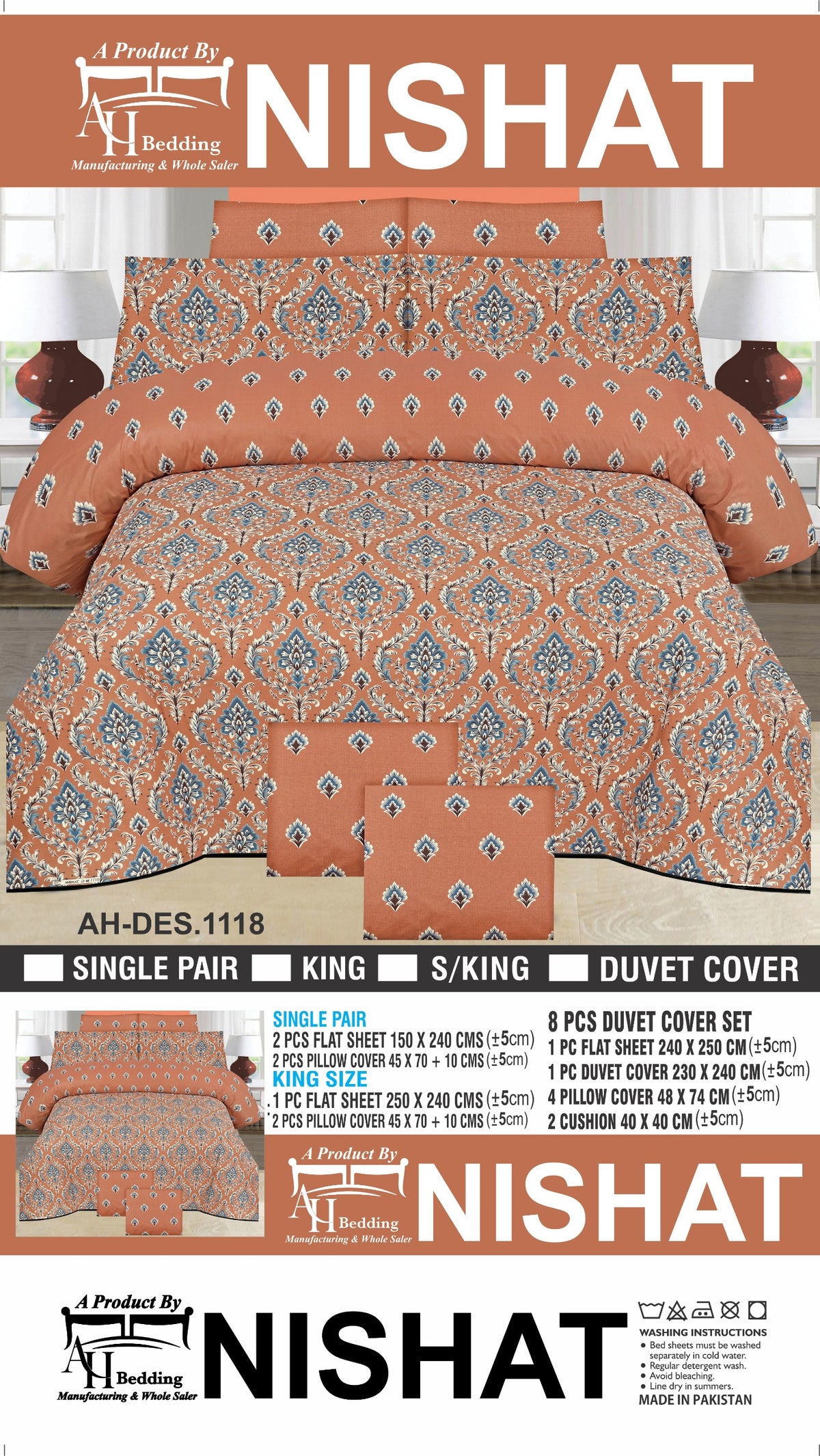 Nishat Premium Printed Bedsheet Set – Soft Cotton Blend Bedding with Matching Pillow Covers | King Size, Single Pair & 8-Piece Duvet Cover Set