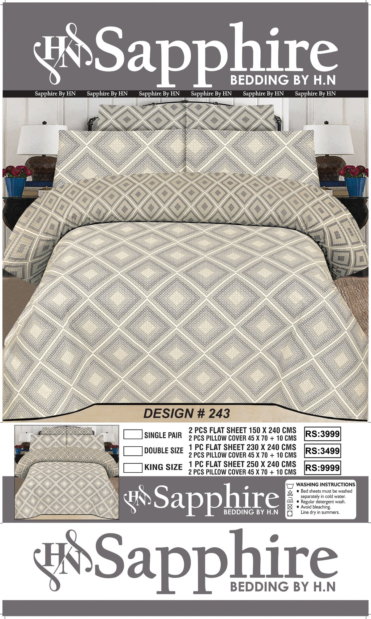 Sapphire Grey Geometric Bedsheet Set – Premium Cotton Flat Sheet with 2 Pillow Covers | Single, Double & King Size | Design 243
