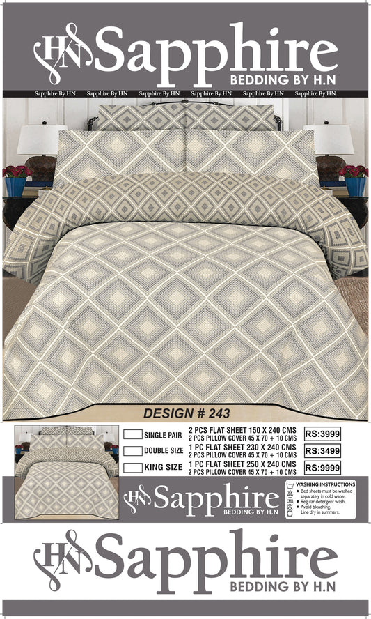 Sapphire Grey Geometric Bedsheet Set – Premium Cotton Flat Sheet with 2 Pillow Covers | Single, Double & King Size | Design 243