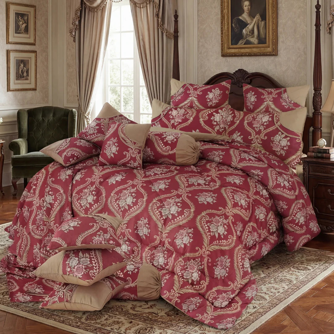 Luxury Maroon Floral Comforter Set – Premium Cotton Bedding Set with Matching Pillow Covers & Cushions | King/Queen Size Bed Set