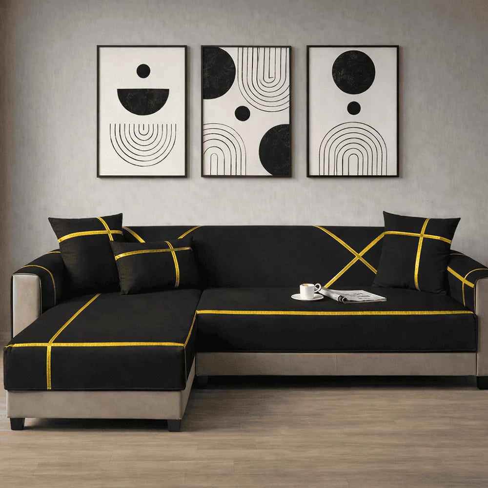 Luxury Black & Gold Stretch Sofa Cover with Elastic Fit – Modern L Shape Sectional Couch Protector, Soft Washable Slipcover