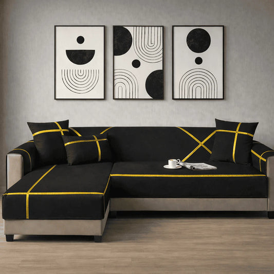 Luxury Black & Gold Stretch Sofa Cover with Elastic Fit – Modern L Shape Sectional Couch Protector, Soft Washable Slipcover
